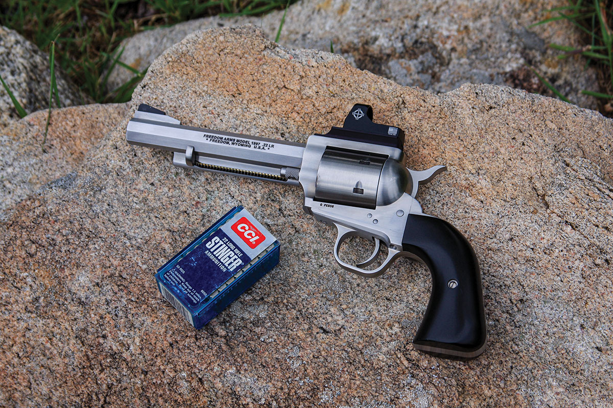 Bob Baker’s wife used this slightly shorter (5.5 inch) octagonal barrel 22LR topped with a red dot. I can’t say the octagonal shape improves performance, but I think it looks spectacular!